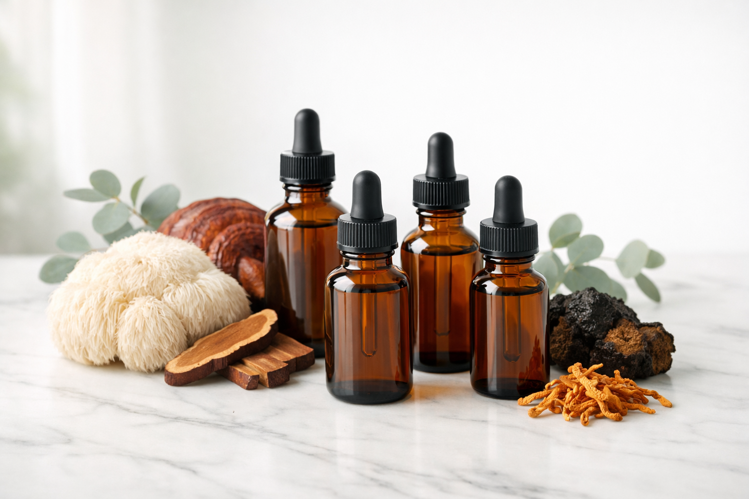 Dr Mushrooms tincture bottles with medicinal mushrooms